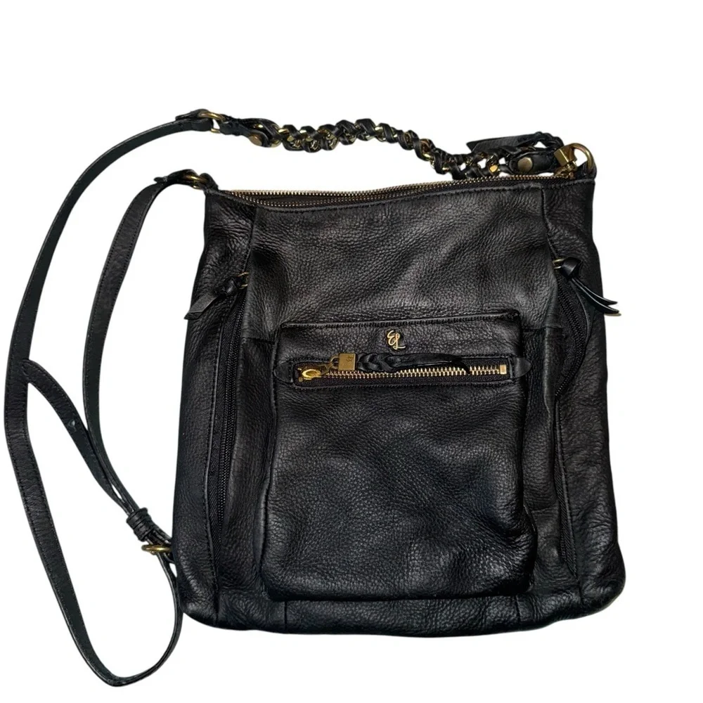 ELLIOTT LUCCA Gwen Black Pebbled Leather Gold Chain Strap Crossbody Bag